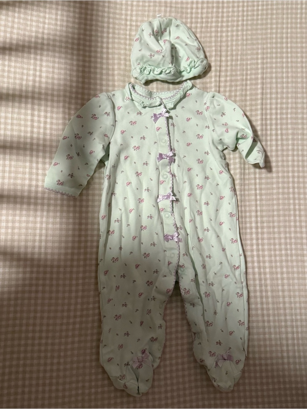 Little Me Mint Floral Footed One-Piece with Hat